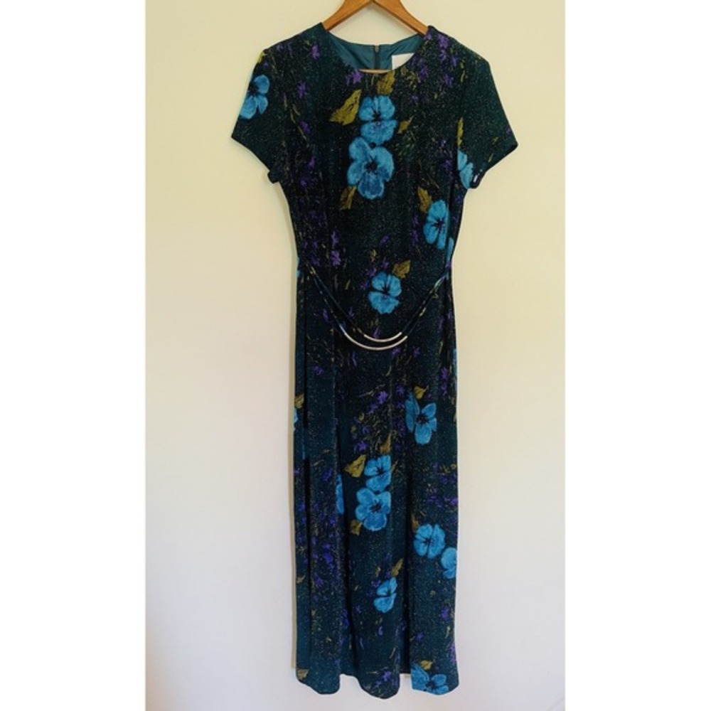 90's‎ Lurex Metallic Shimmer Floral Fitted Maxi Dress. Size 5/6. Front Slit.